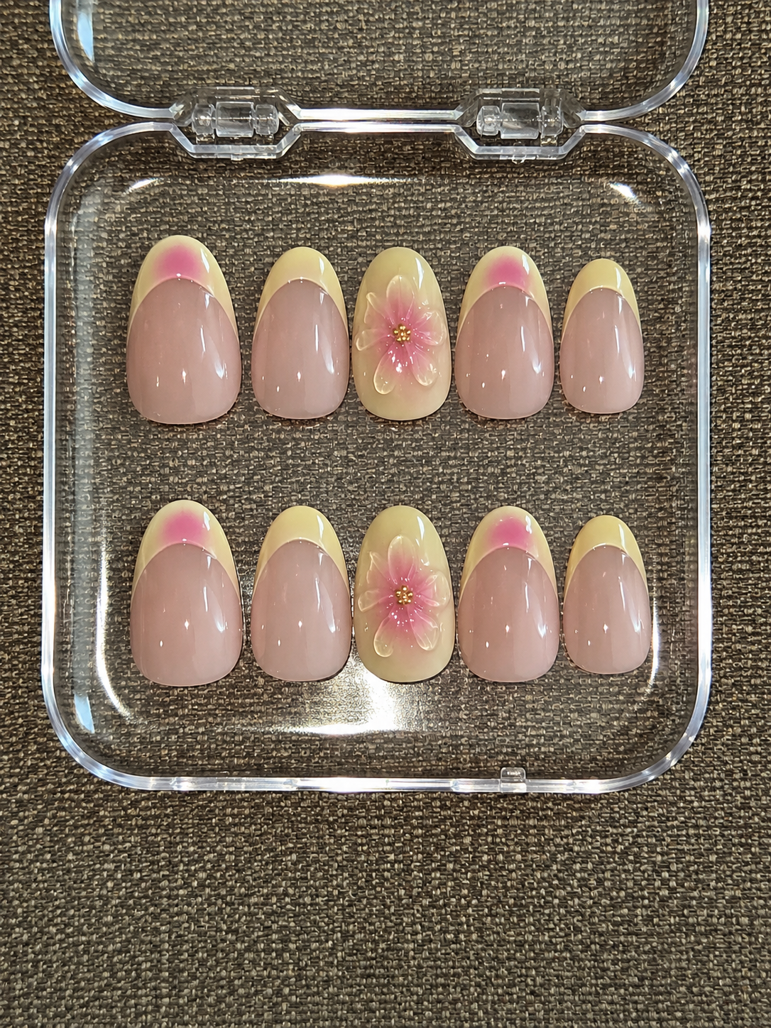 Pink and yellow + French tip + 3D Flower Nails